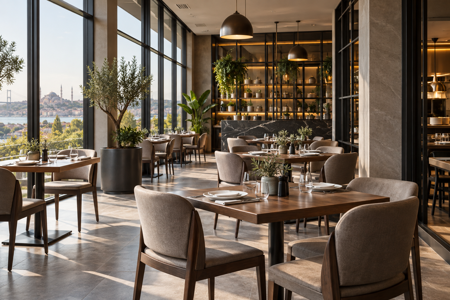 Servis öncesi düzenlenmiş restoran salonu