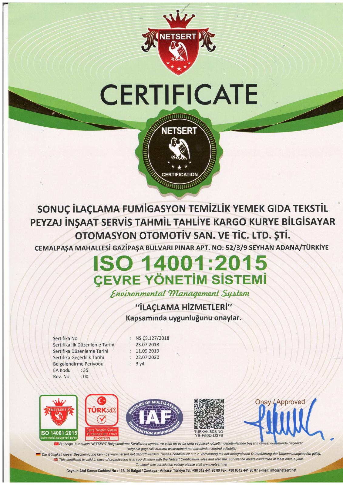 Fümigasyon Sertifika ISO 14001:2015