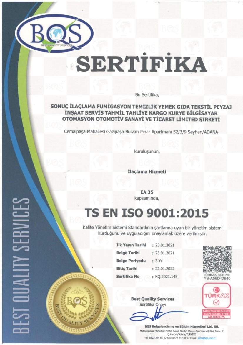 Fümigasyon Sertifika TS EN ISO 9001:2015